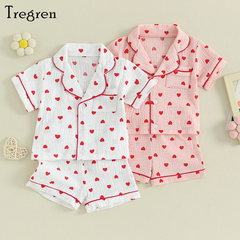 Tregren Toddler Baby Girl Pajama Set Valentine's Day Clothes Kids Heart Print Short Sleeve T-Shirt Tops + Shorts 2pcs Sleepwear