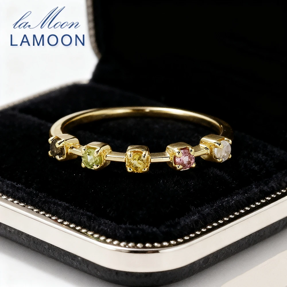 

LAMOON Natrual Colored Tourmaline Ring For Women Elegant 925 Sterling Silver Gold Vermeil Fine Jewelry Accessories Gift