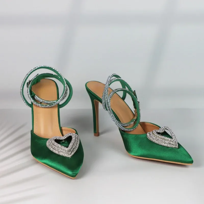 Summer Women High Heeled Sandals Luxury Rhinestone Heart Designer Dress Party Pointed Toe Elegant Green Ankle Strap Shoes Ladies