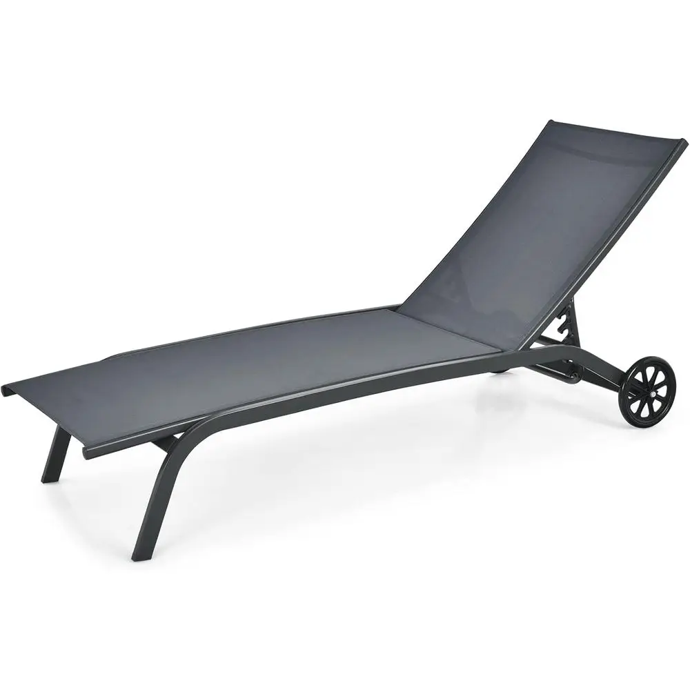 

6-Position Adjustable Outdoor Patio Lounge Recliner, Breathable Fabric, Smooth Wheels, Grey