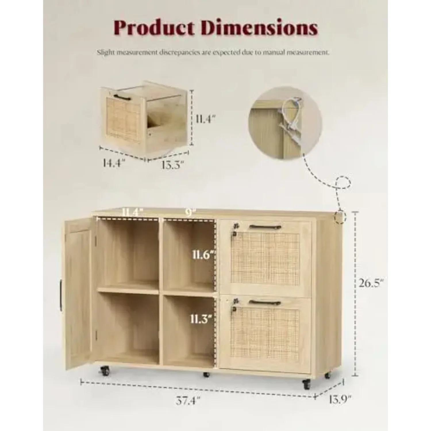 Drawer File Cabinet with Lock, Small Rattan Filing Cabinets with Wheels | Wood Rolling Office Storage for Under Desk