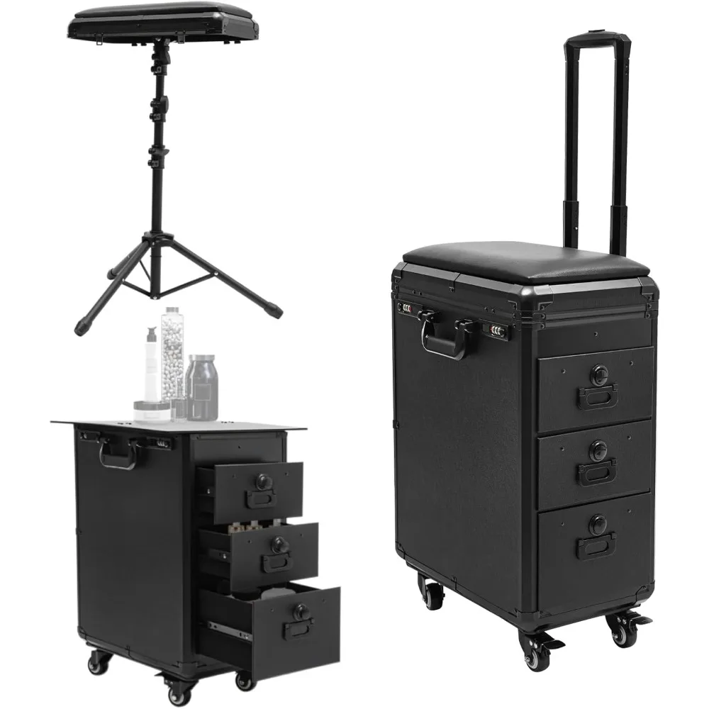 

Чемодан для тату-мастера на колесах с подлокотником, 3-в-1, на колесиках, с 3 ящиками и кодовым замком, рабочая станция для татуировщика