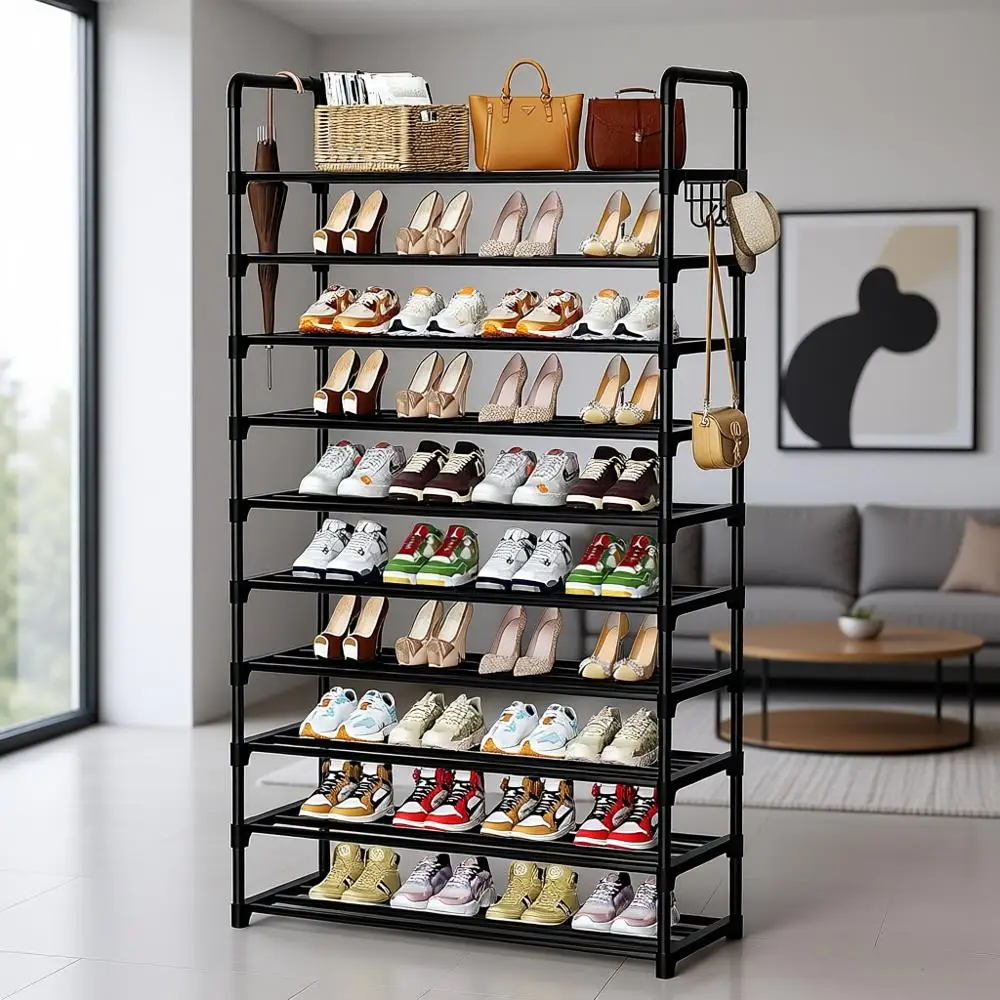 

10-ярусная металлическая полка для обуви с крючками на 40-45 пар, идеально подходит для прихожей, коридора, гаража, спальни и гардеробной.