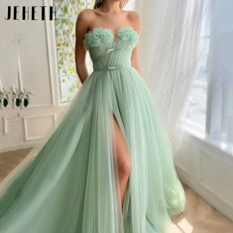 JEHETH yeşil askısız yay balo elbise tül 3D çiçek prenses akşam önlük yüksek bölünmüş parti Backless A-Line Vestidos De dresses Green Strapless Bow