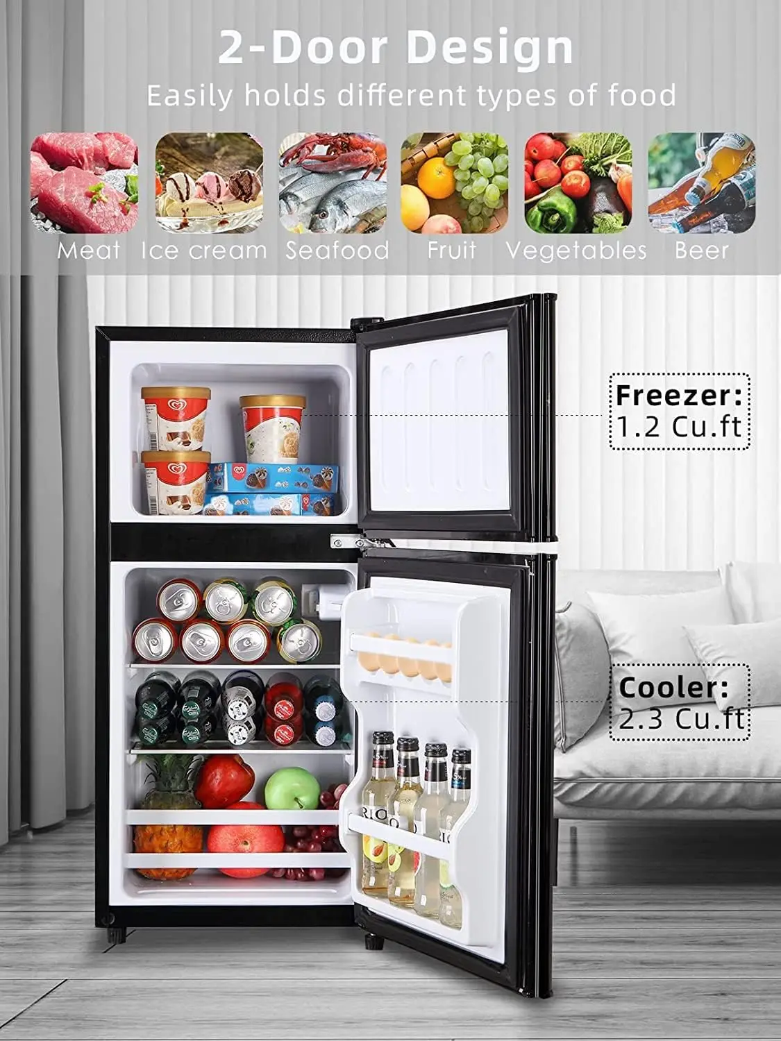 Refrigerator with Freezer 3.5 Cu.Ft with 7 Level Adjustable Thermostat Control 2 Door Energy Saving Top-Freezer Compact