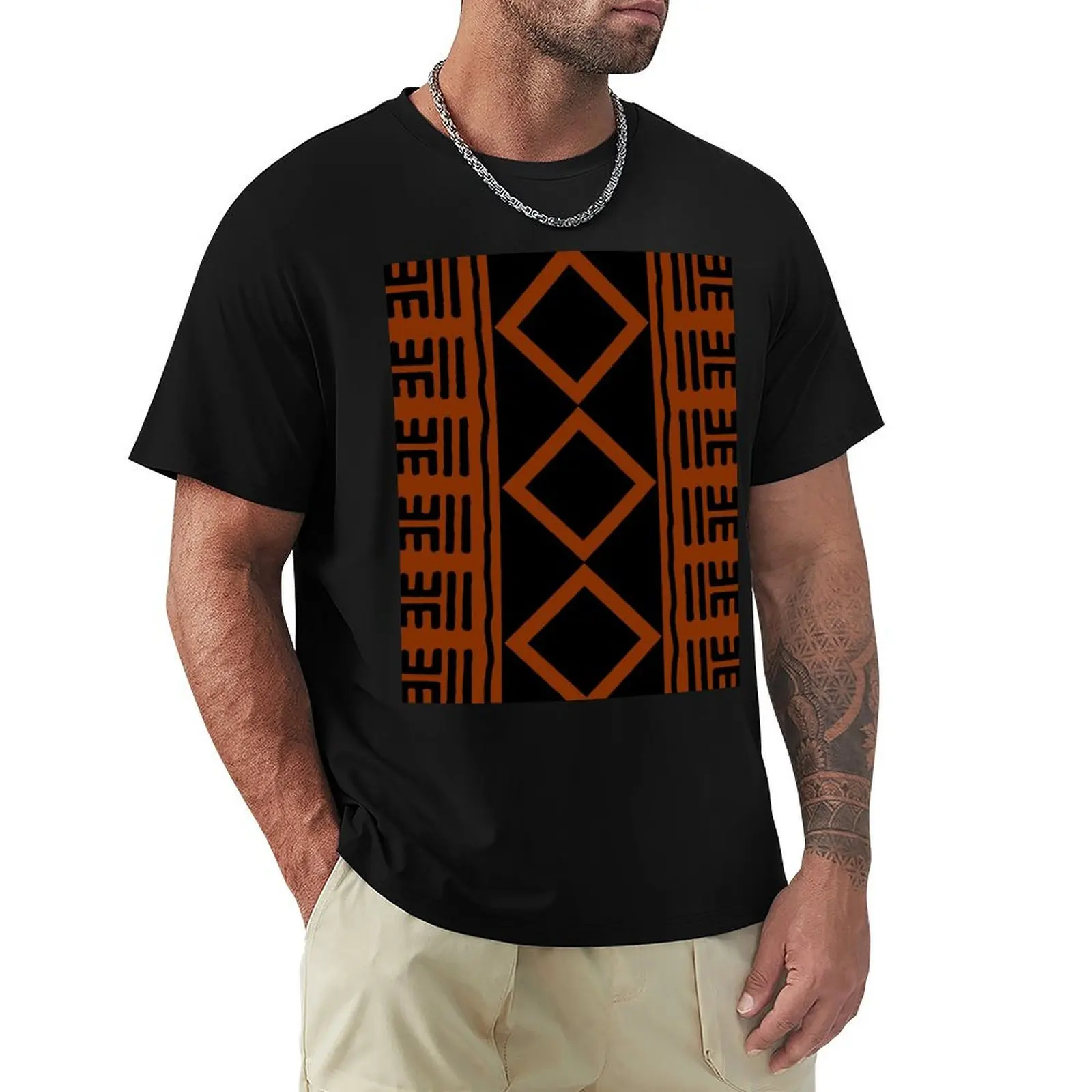 Rust Colored African Mudcloth T-Shirt Basic Short Sleeve Cotton Blend T-Shirt