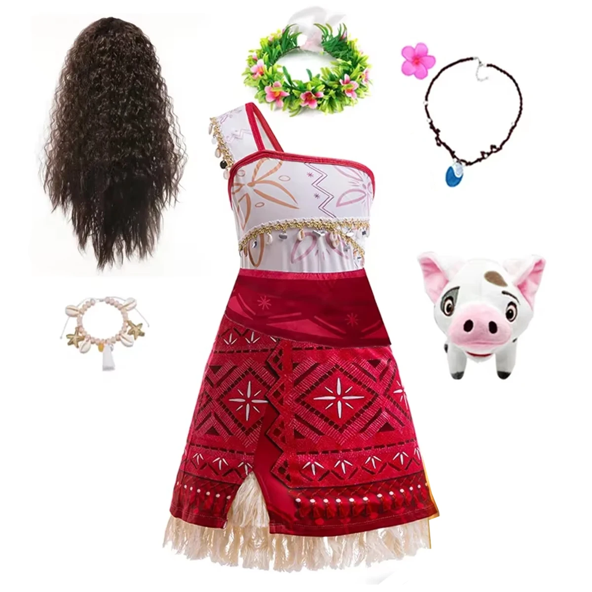 New Movie Moana 2 Dress Girls Cosplay Vaiana Princess Costume Girls One-Shoulder Suspender Dress Accessories Set