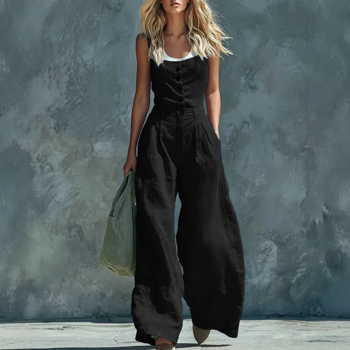MsChuh Women's Jumpsuits And Rompers High Waist Pleated Waist Sleeveless Solid Color Romper Black Loose Fit Wide Roupas Feminina