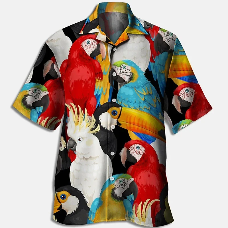 Men\'s Clothing Summer Floral Parrot 3D Print Shirt Women Fashion Shirts Single-Breasted Short Sleeve Hawaiian Shirts Blouse