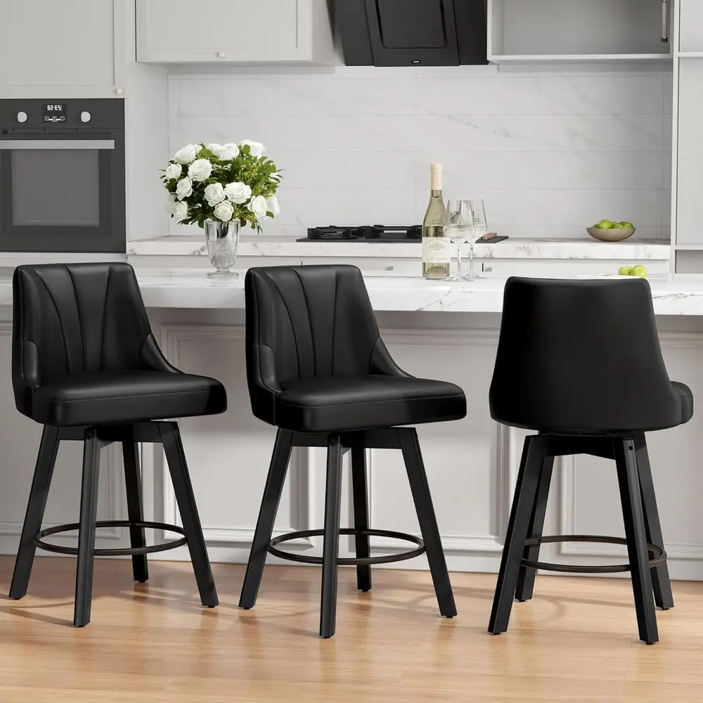 

24 Swivel Upholstered PU Leather Bar Stools Set of 3 with Backrest and Solid Wood Legs for Kitchen Island Dining