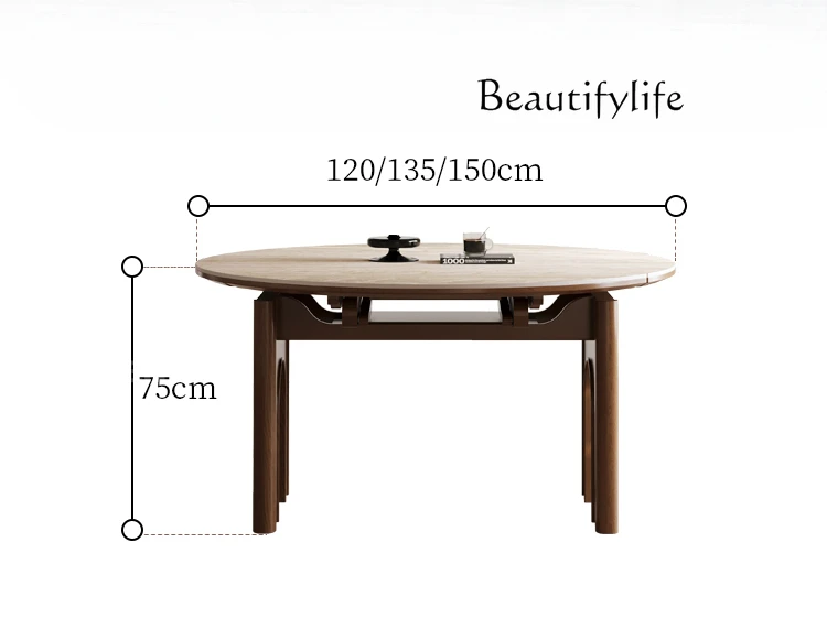 

Retractable rock slab dining table Variable round table Household retro new medium and ancient solid wood round dining table