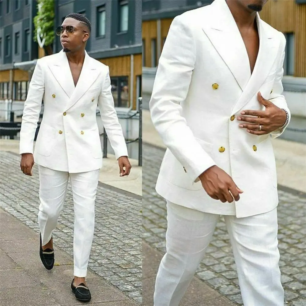 New Ivory Men Tuxedos Business Suit Groom Double Breasted Groomsman Prom Wedding Party Formal 2 Piece Set Jacket And Pants