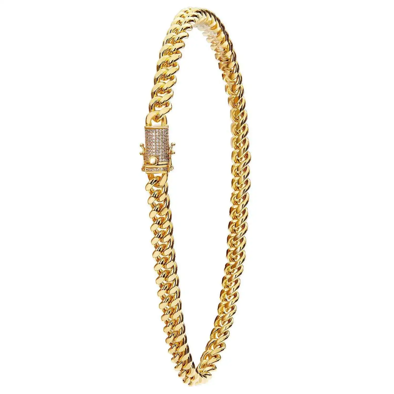 

Hot-sale Width 10mm Hip Hop Stainless Steel Necklace Micro Pave Zircon Clasp 18k Gold Plated Miami Cuban Link Chain for Men