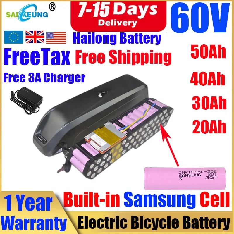 

36V48V52V60V72V Li-tio Battery 20/30/40/50/60ah Electric Bicycle Hailong Battery 2000W Bafang Lithium Battery Pack Free Shipping