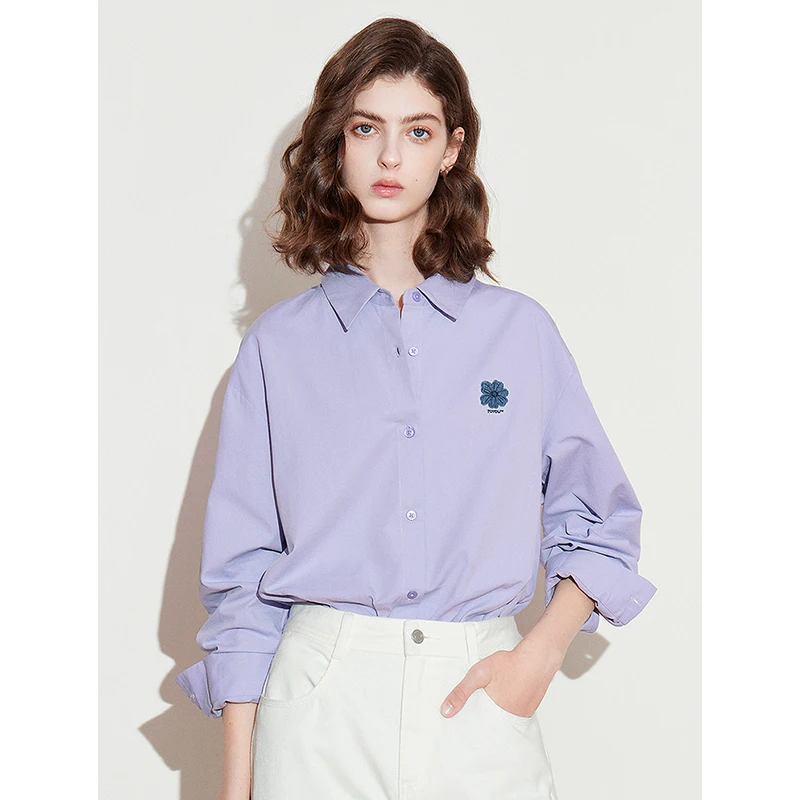 TOYOUTH Women's Blouse Shirt 2026 Spring New Flower Embroidered Turn Down Collar Pure Cotton White Casual Shirt