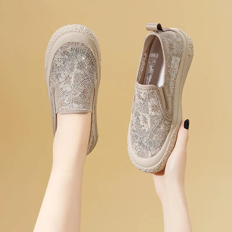 Women's Hollow out Lace Breathable Mesh Slip-On Loafers Fashion Casual Shoes round Toe Warm Lined Comfortable All Season Wear