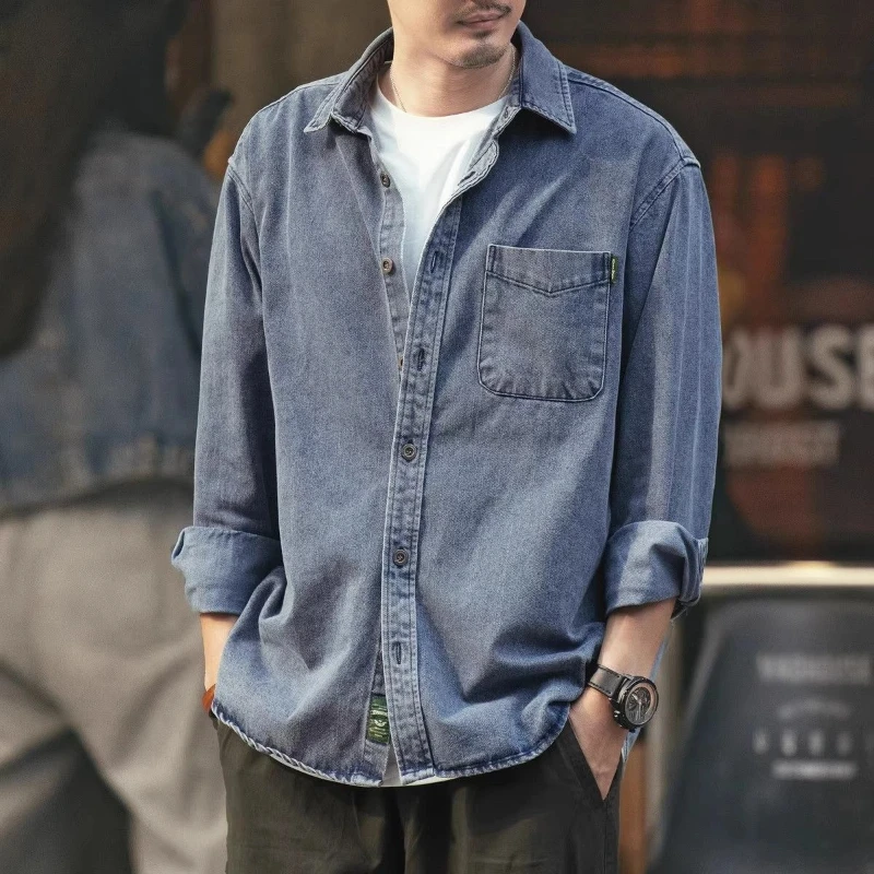 

Мужская джинсовая рубашка, повседневная, с длинным рукавом, однотонная, в американском стиле ретро, с отложным воротником, однобортная, с длинным рукавом, повседневная одежда