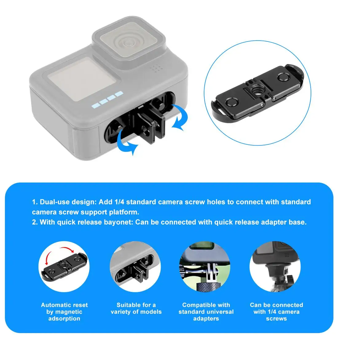 PULUZ المغناطيسي الإفراج السريع للطي قاعدة الاصبع ل GoPro HERO12 11 10 9 الأسود جبل الألومنيوم تمديد محول حامل قوس
