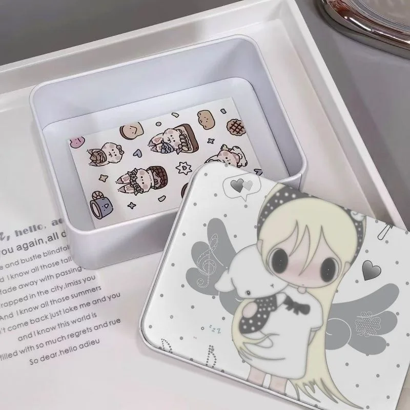 Harajuku Kawaii Anime Girl Metal Tin Lid Desktop Storage Case Kpop Photocard Sticker Jewelry Hair Clips Stationery Organizer
