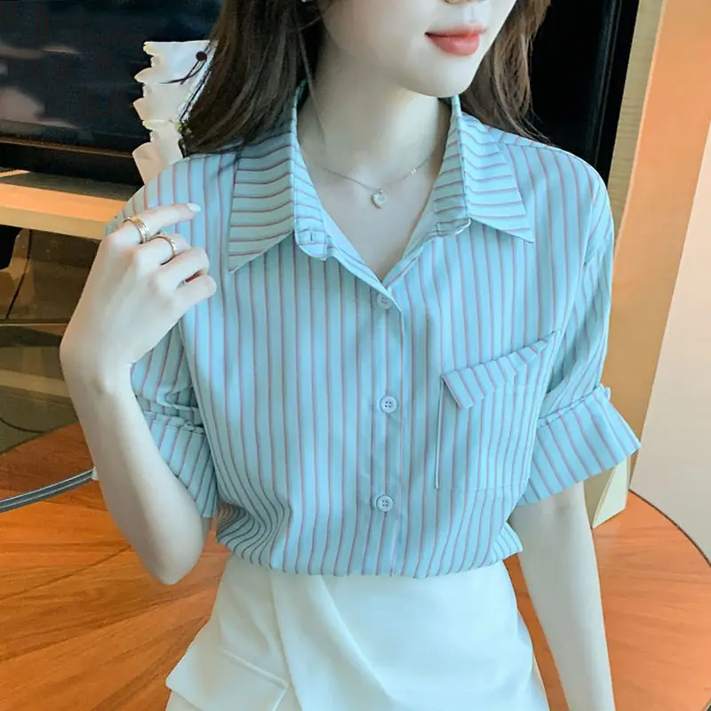 Striped Shirt Women\'s 2024 Summer New Polo Collar Personalized Unique Chiffon Shirt Fashion Loose Office Lady All-match Bright