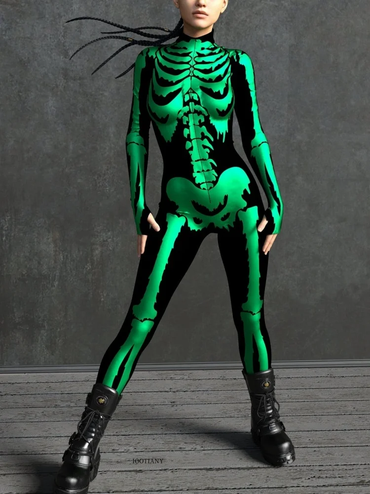 IOOTIANY Damen Grüner Sexy Horror-Skelett-Geister-Bodysuit-Set Halloween Karneval Party Aerial Bühnenauftritt Kostüm-Set – Detail 9
