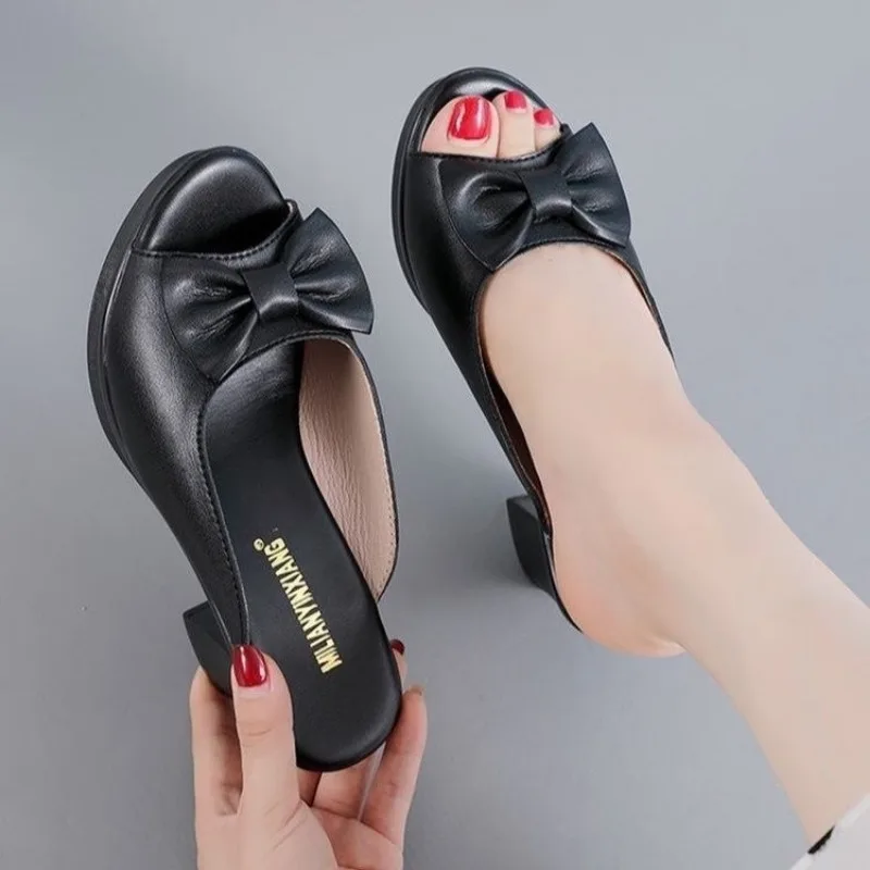 Summer Women‘s Slippers Sandals 2024 Open Toe Fashion Platform Fish Mouth Luxury Ladies Shoes Non-slip Square Heeled Pumps