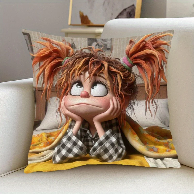1pc Cute Bored Pippi Longstocking Style Girl Pillow Cover, 2D Double-Sided Print Polyester Throw Pillow Case, Whimsical Cartoon