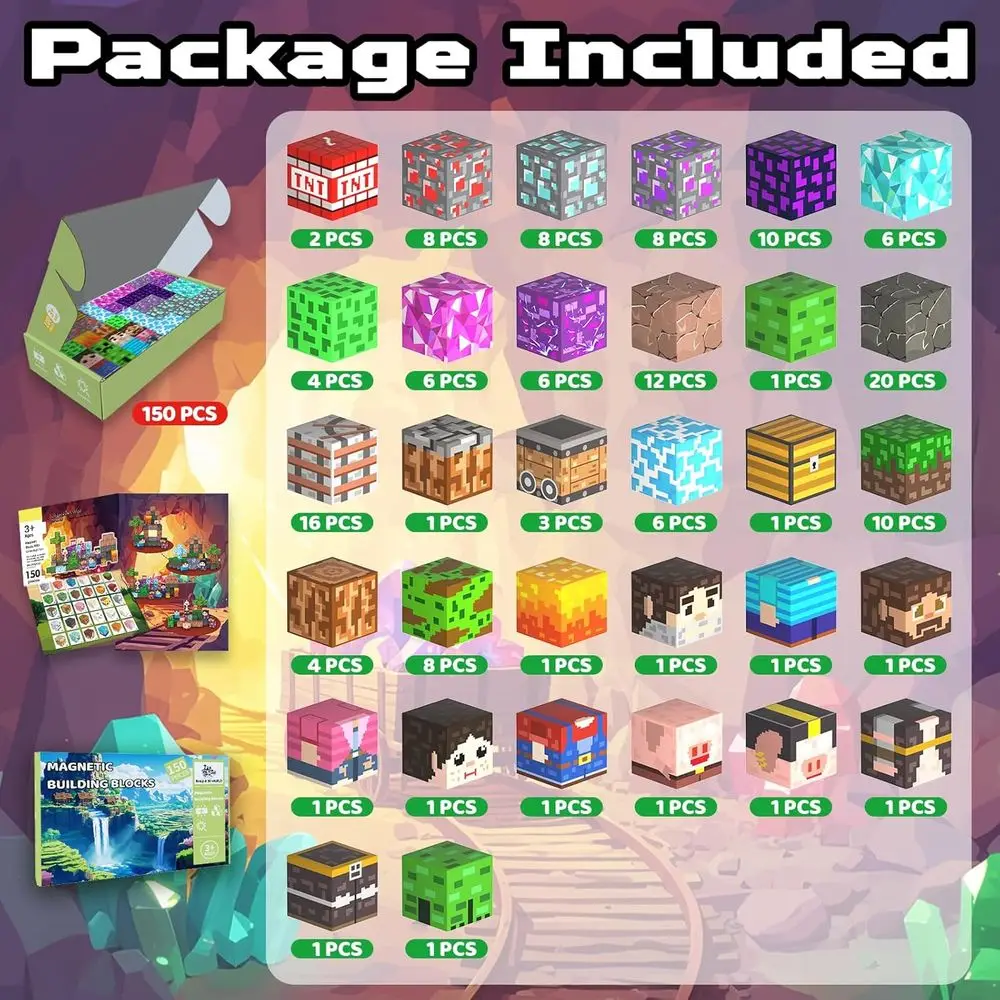 Light-Up 150-Piece Magnetic Building Blocks Set for Kids, STEM-Inspired Sensory Toy, Suitable for Ages 3+, Ideal Christmas or Bi