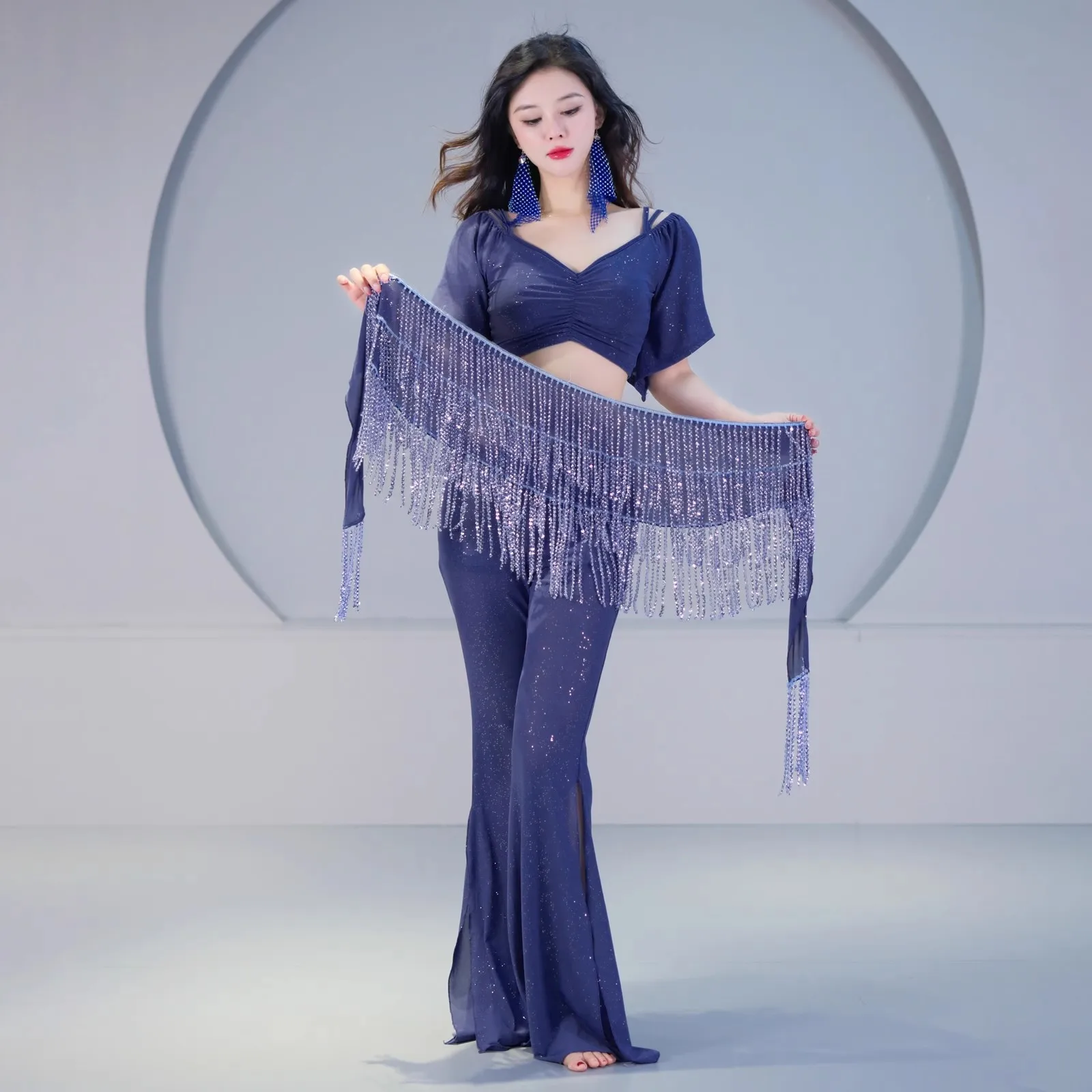 

Sparkle Sheer Mesh Outfit Oriental Dance Costume Class Wear Girls Belly Dance Flare Trousers Shimmy 3pcs Suit Top Pants Belt