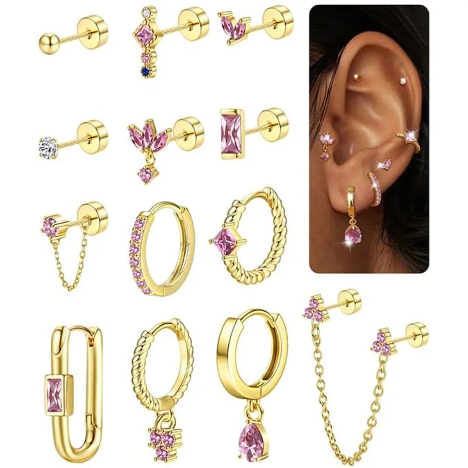 14K Gold Plated Hypoallergenic Stud Earrings Set