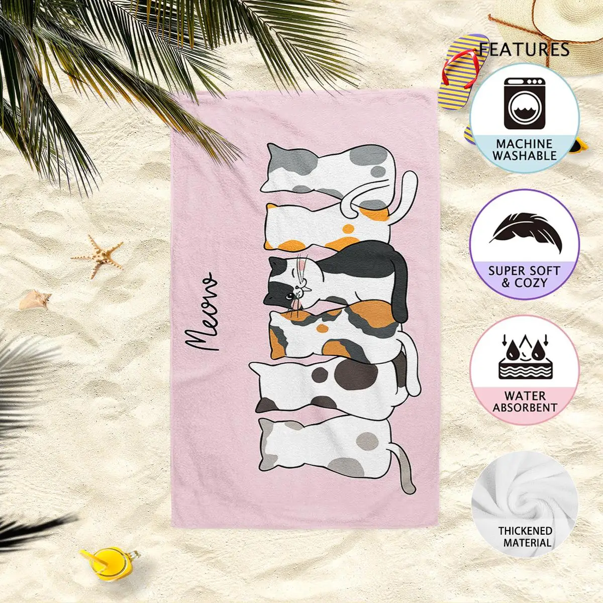 1 piece of 160x80cm pink cute cat digital printed bath towel beach towel, thickened, enlarged, soft and comfortable