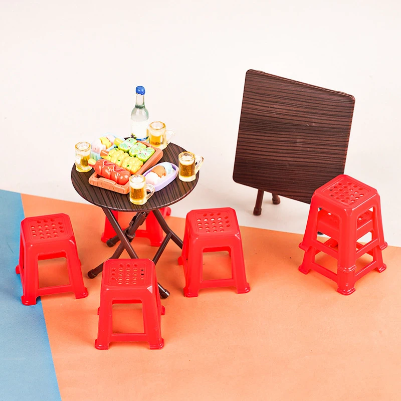 Dollhouse Dining Room Furniture Toy - Miniature 1:12 Folding Table and Stools.