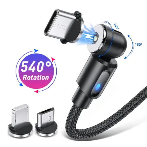 Magnetic Cable Type C  USB Cable Phone Charger 540 Degree Rotating Data Cable With LED For iPhone Xiaomi Huawei Samsung