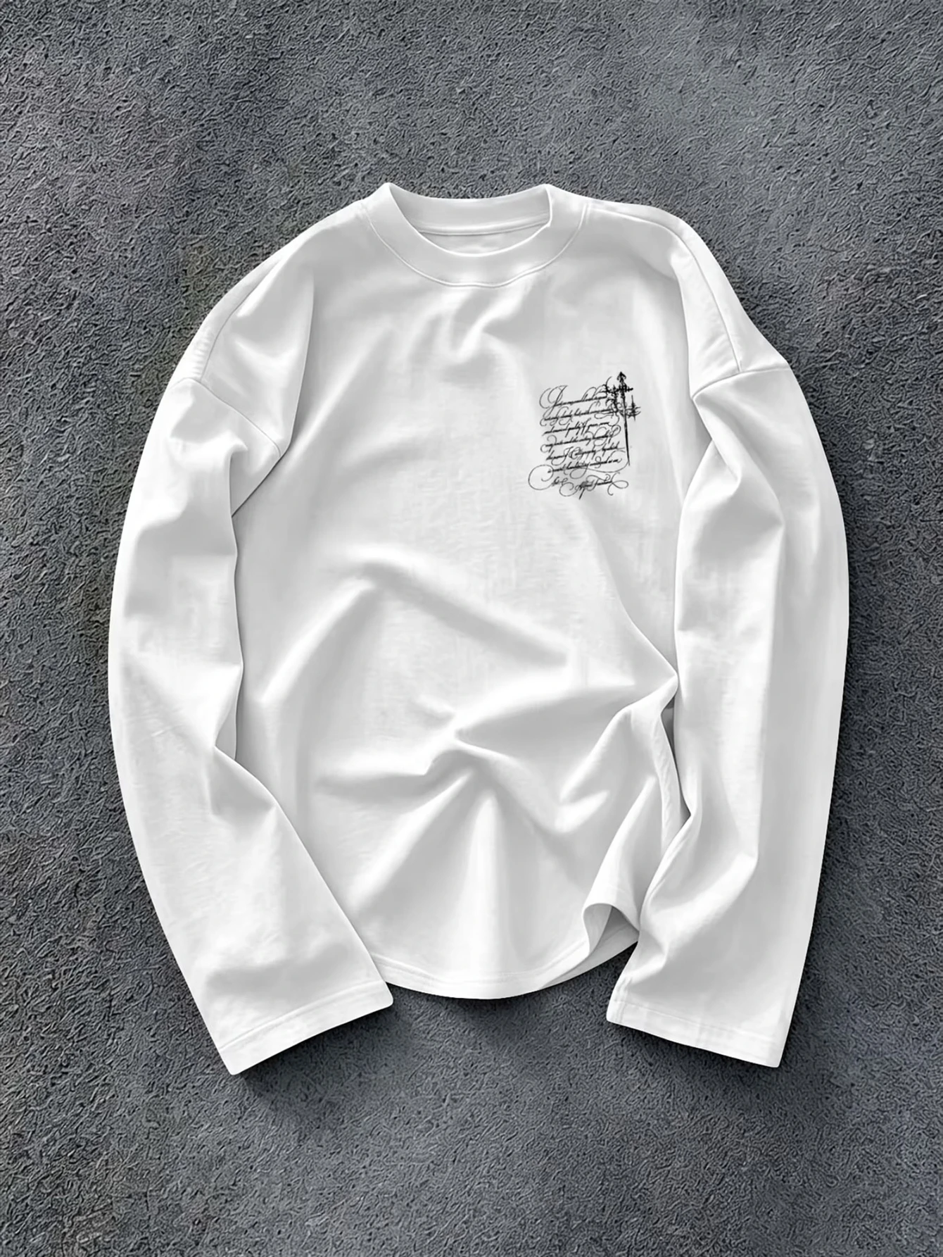 Men’s long-sleeve T-shirt featuring a vintage Gothic cross and elegant cursive script on the back—perfect for all seasons