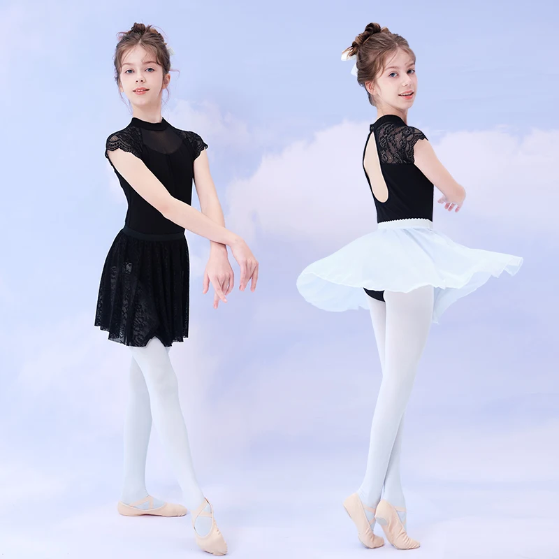 Ballet Leotards for Girls Kids Gymnastics Leotards Lace Stand Collar Dance Costume Suit Bodysuit with Skirts Summer Swimsuit