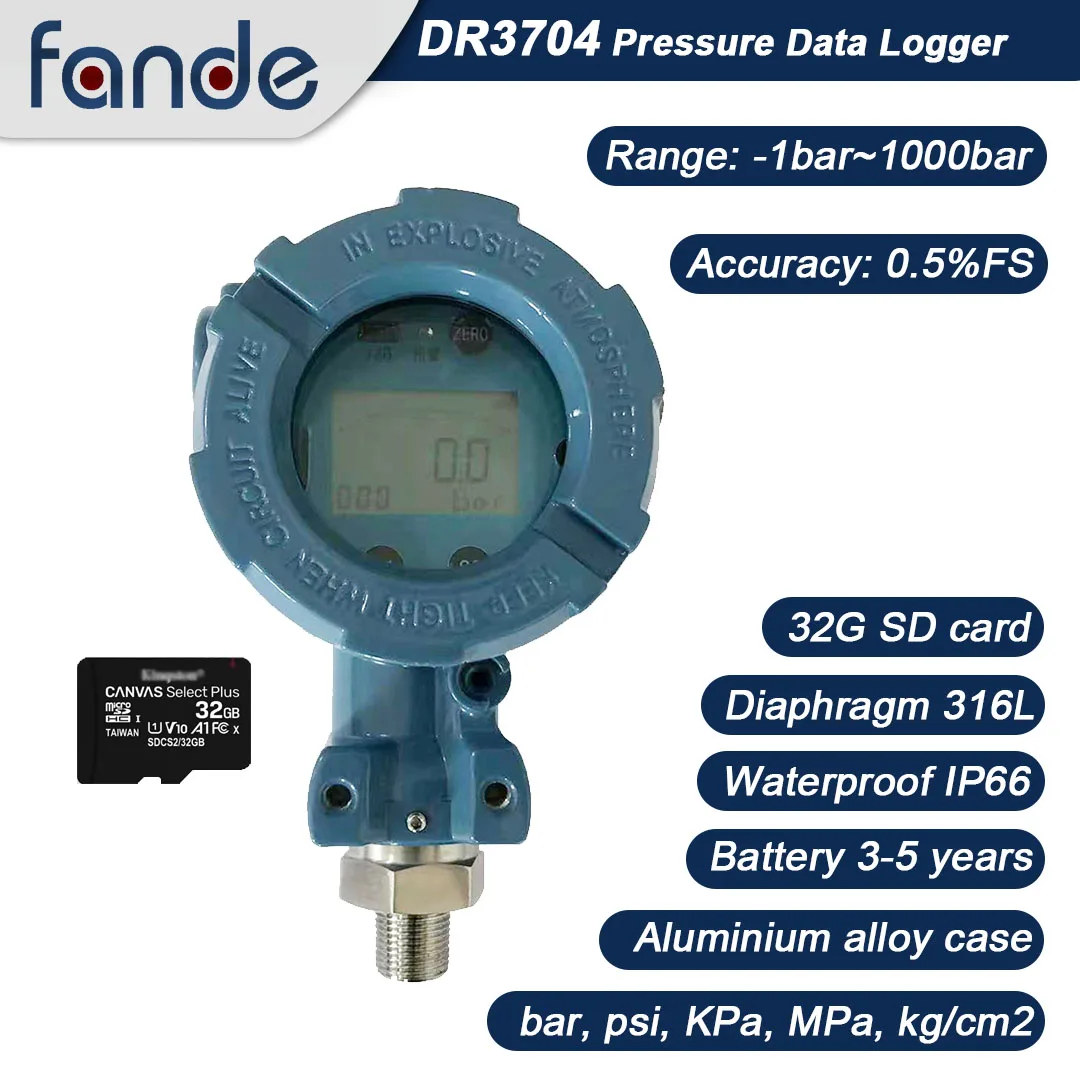 

FANDESENSOR Pressure Data Logger Recorder 32G SD Card Explosion-proof -0.1-0-100MPa Accuracy 0.5%FS