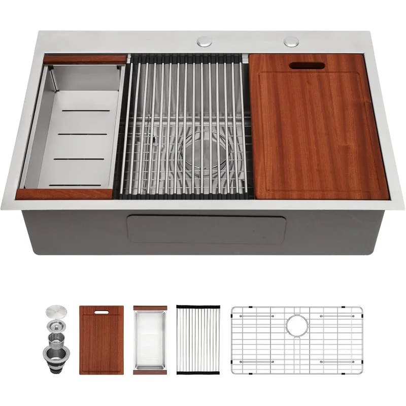 Sarlai Drop In Kitchen Sink - 33x22 Drop In Kitchen Sink Ledge Workstation