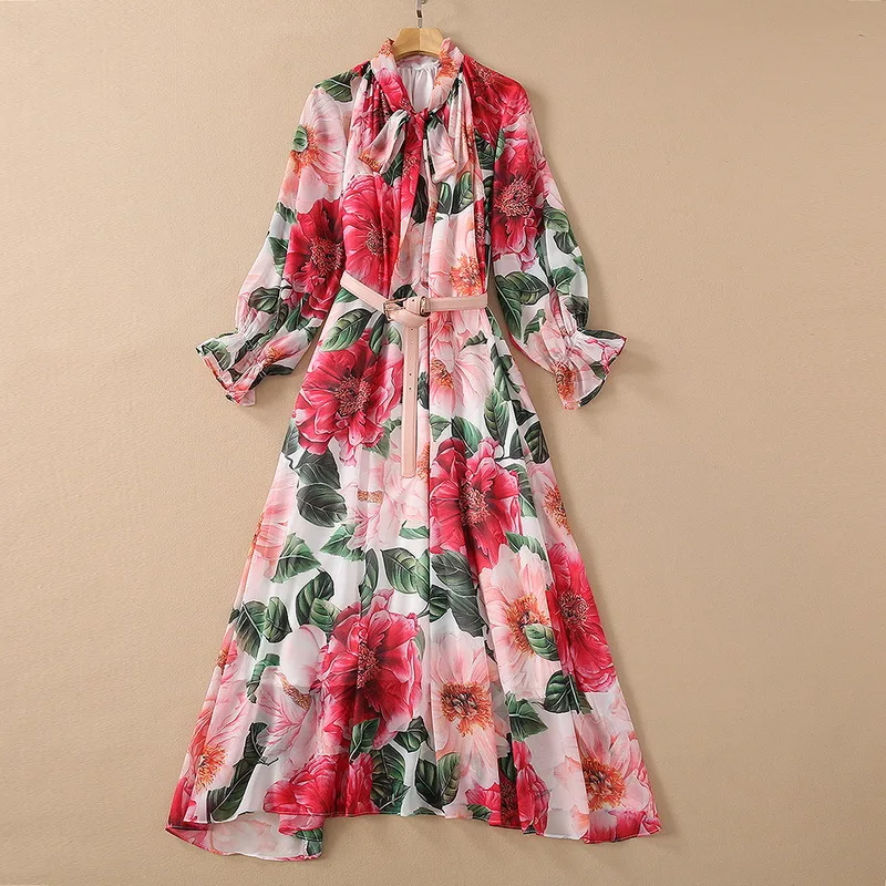

Europe and the United States women's 2024 summer new Bow collar Long sleeve floral print belt Fashion pleated dress