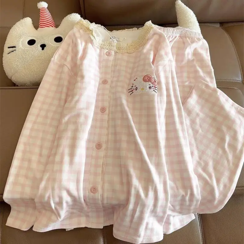 

Sanrio Hello Kitty Women's Sleeping Pajamas Sets Kawaii Cartoon Student Winter Long Sleeve Pants Warm Sleepwear Home Clothes New