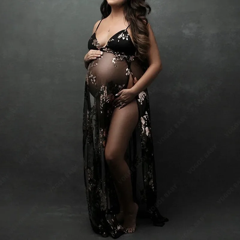 Sexy Maternity Photography Dress Pregnant Strap Deep V-neck Transparent Mesh Flower Sequins Dinner Dress Baby Shower Gown