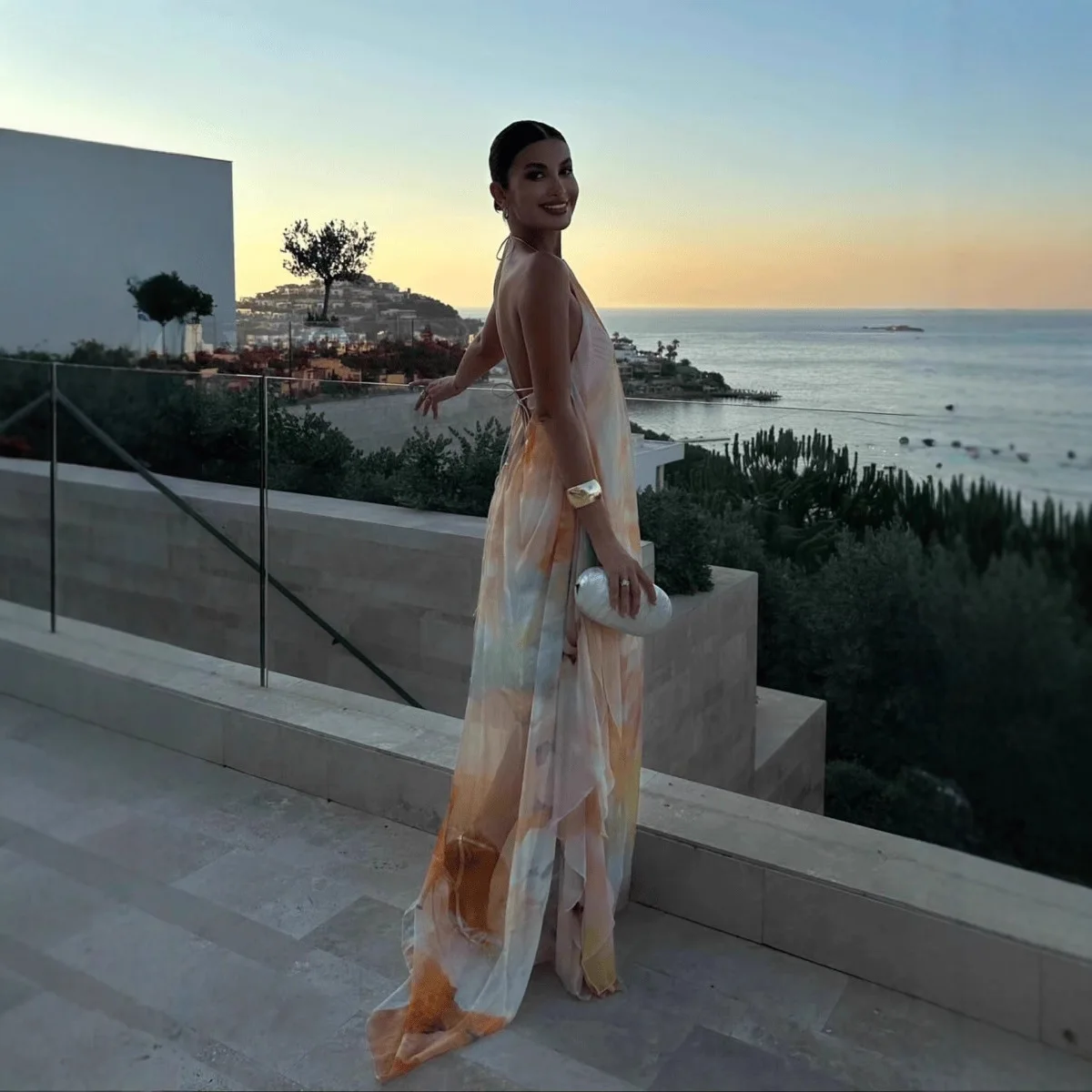 Robe imprimée de style européen et américain pour femmes, col ample, col licou, loisirs, vacances, robe de bord de mer, nouvelle collection