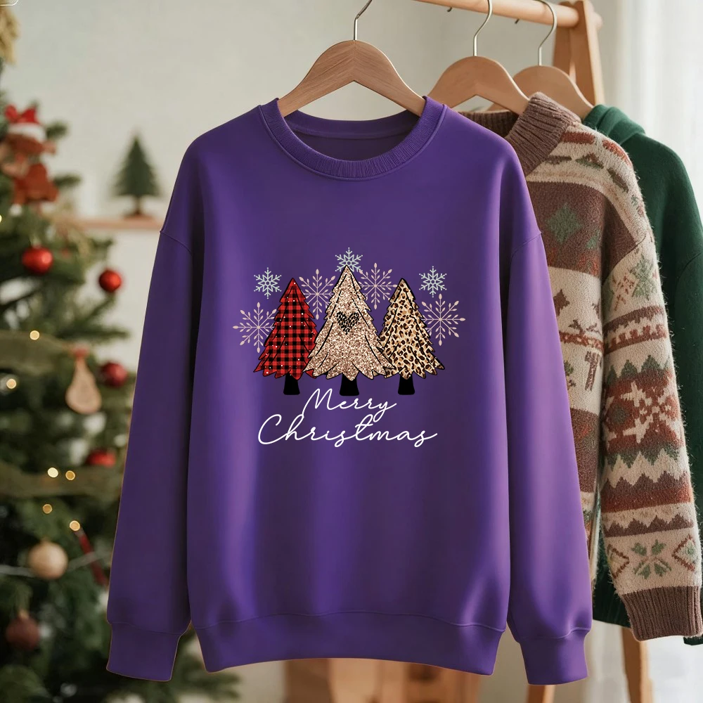 

С Рождеством леопардовый клетчатый принт с принтом деревьев, толстовки, женская зимняя флисовая толстовка с круглым вырезом, свободный пуловер, повседневная мягкая одежда