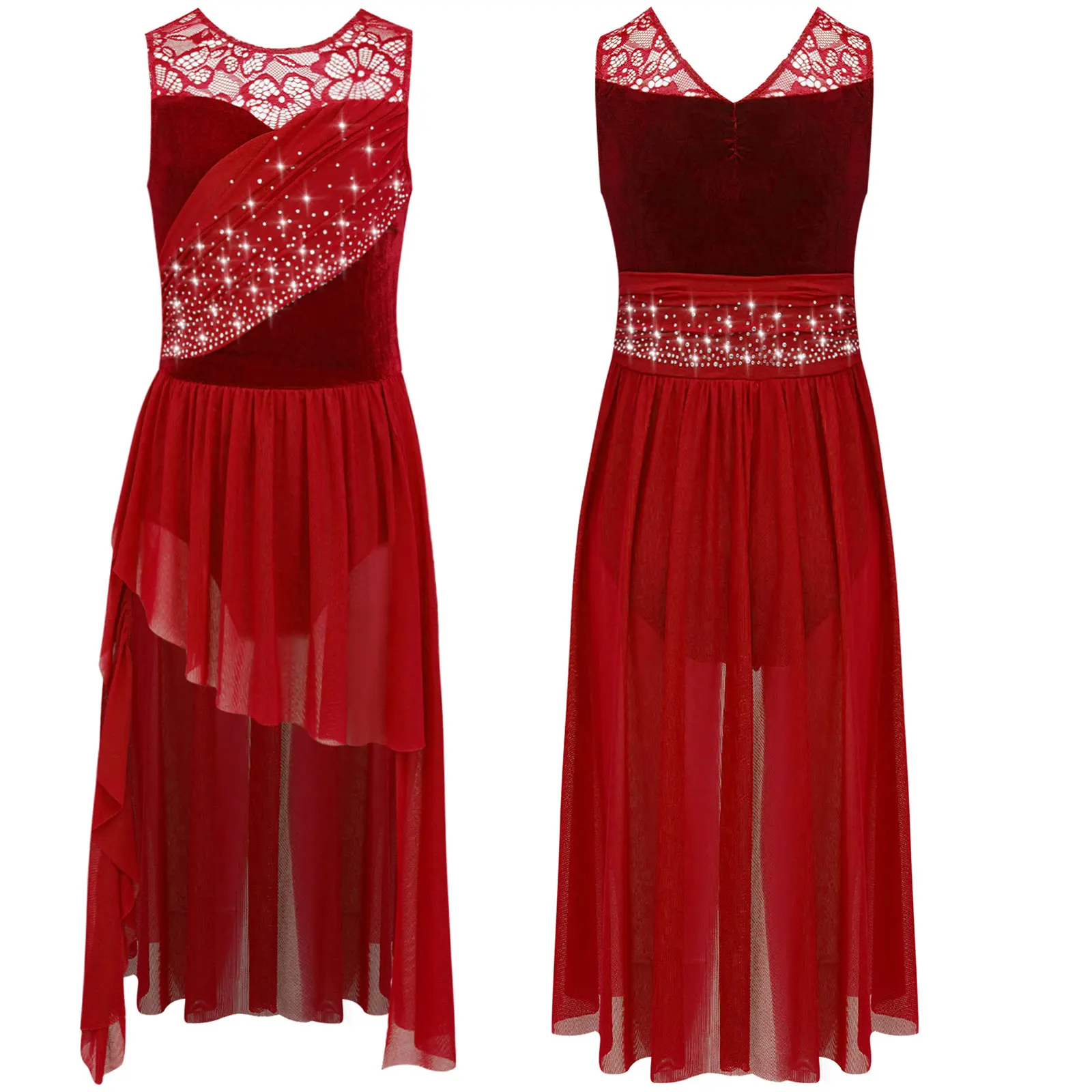 Costume de danse lyrique éthérée pour filles, bloc de couleurs, panneaux en maille transparente, strass scintillants, robe de Salsa pour spectacle de Ballet latin