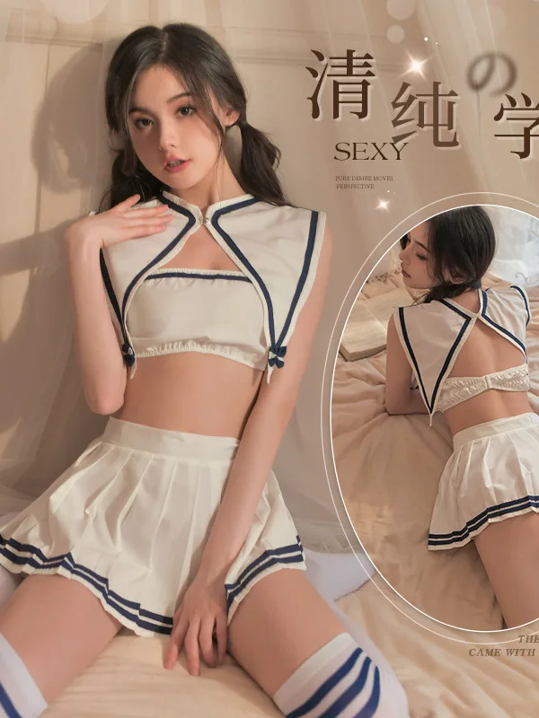 Sexy Sailor Student Outfit Sailor Collar Chest Hugging Folding Skirt Students Black White Splicing Cute Outfits For Women VSGS