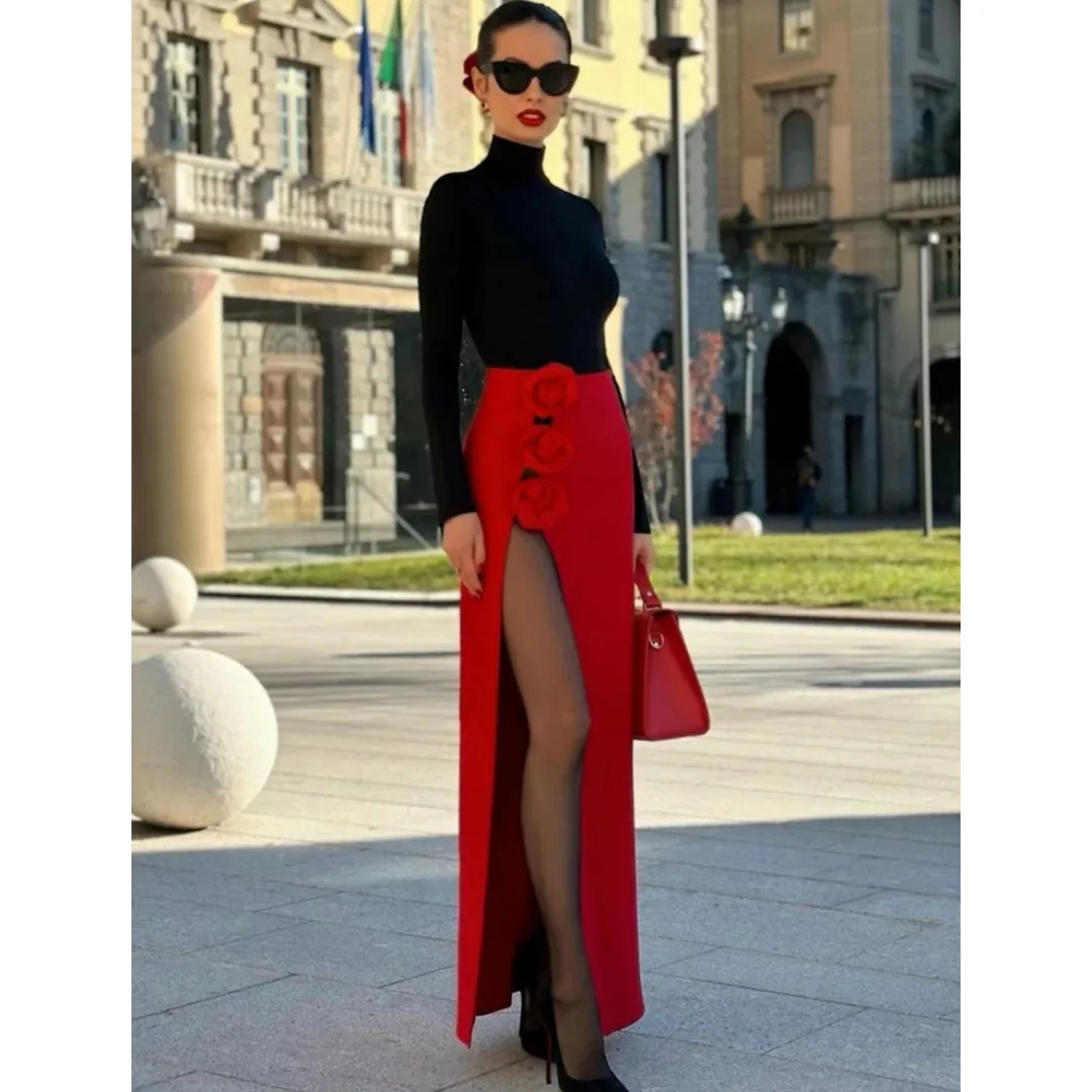 Women Solid Flower Bodycon Bandage Skirt 2024 Designer High Waist Party Office Lady Elegant Sexy High Split Skirt