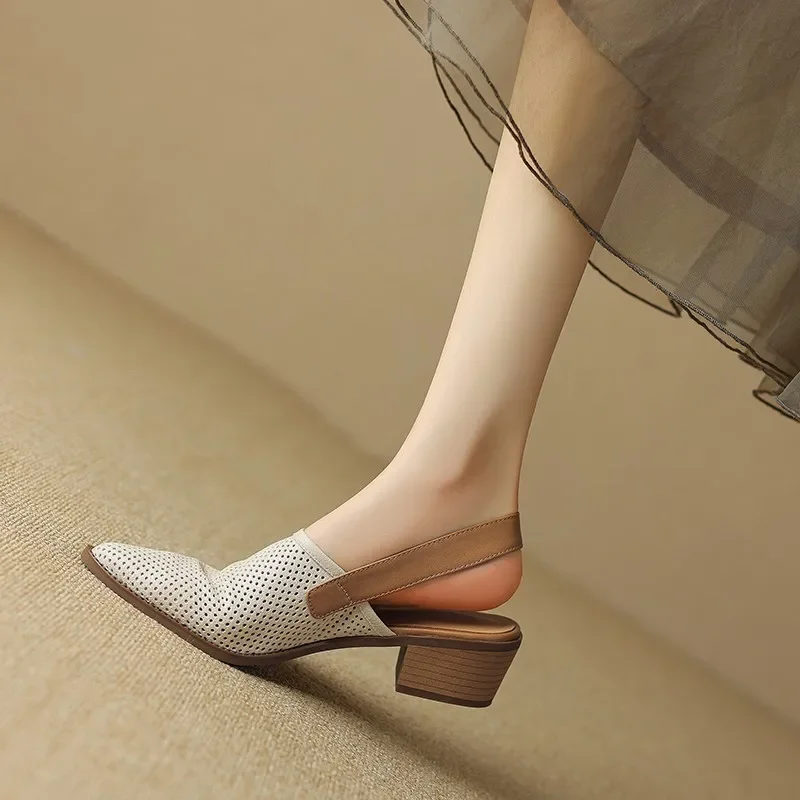 Knitted Mesh Breathable Hollow Out Sandals Women  New Fashion Pointed Thick Heel Sandals Shoes for Women Sandalias2024
