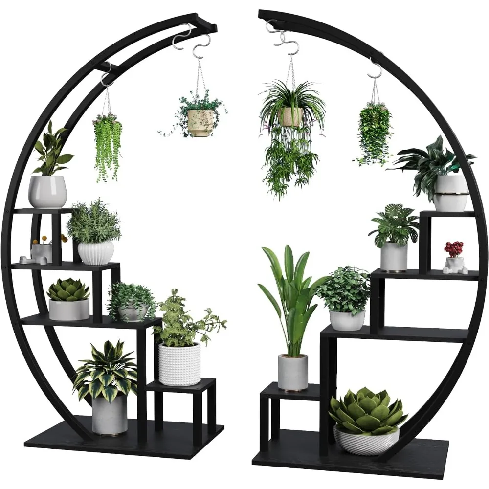 

Plant Stand Indoor, Half Moon Shape Garden Plant Holder, Round Flower Shelf Rack with Hanging Hooks for Home Balcony Living Room
