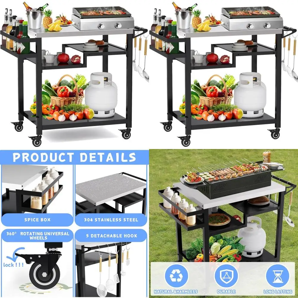 

Versatile Outdoor Pizza Oven Stand with 3-Tier Prep Table for Heavy-Duty Grilling and Serving at Events