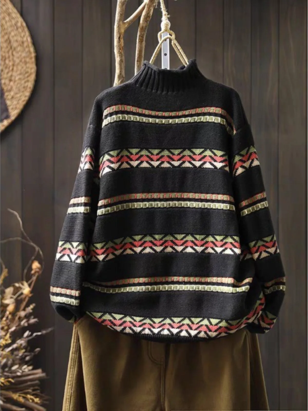 Maglione a righe casual a collo alto lungo in filato di cotone lavorato a maglia retrò, top autunno inverno Faion da donna taglie forti