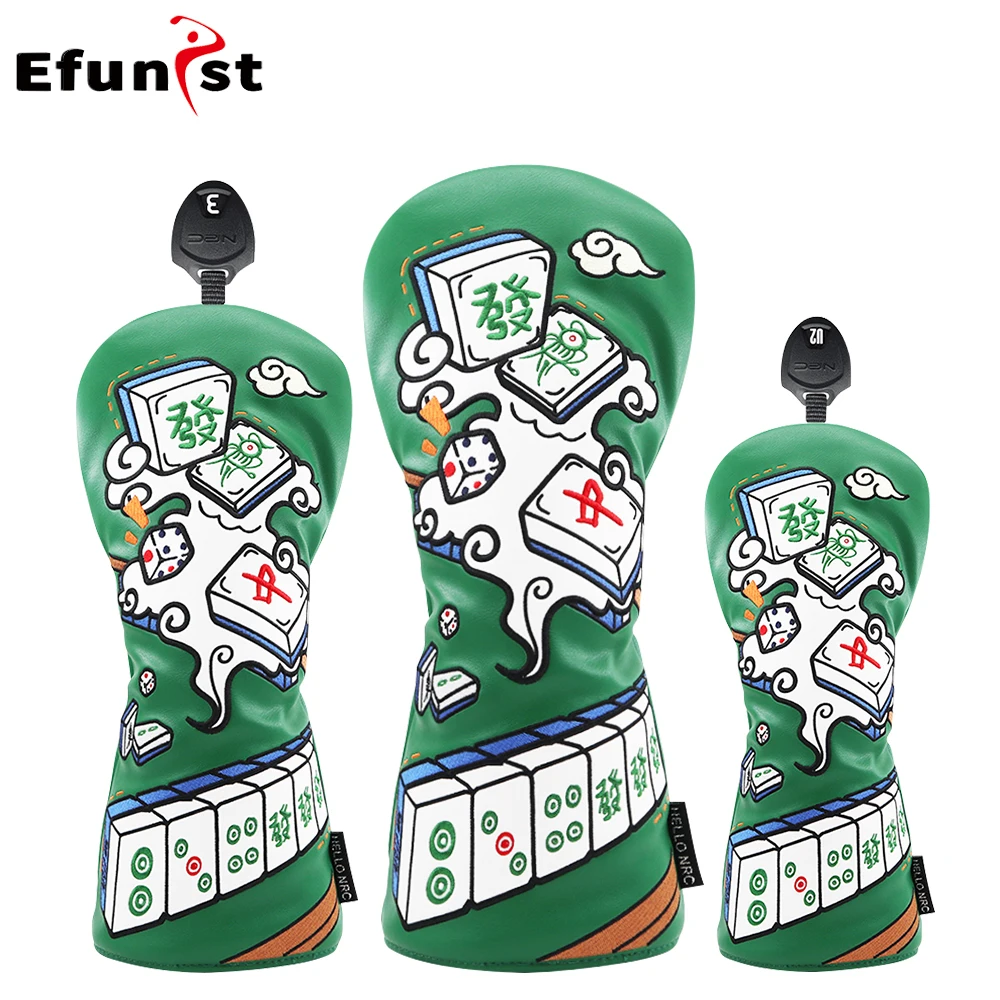 Golf Wood Cover PU Leather Soft Durable Golf Club Head Covers Mahjong Pattern For Driver Fairway Hybrid Waterproof Protector Set